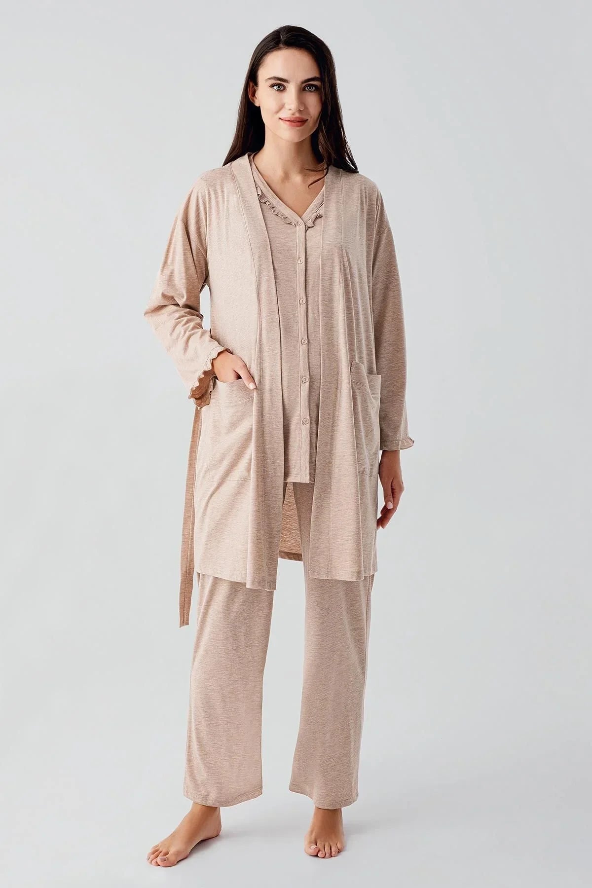 Kısa Kollu Düğmeli Pamuklu Hamile Sabahlık Pijama Takım 17300