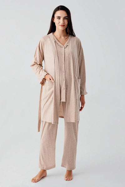 Kısa Kollu Düğmeli Pamuklu Hamile Sabahlık Pijama Takım 17300