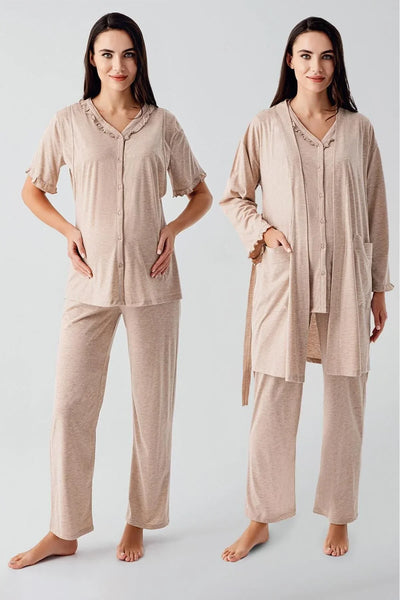 Kısa Kollu Düğmeli Pamuklu Hamile Sabahlık Pijama Takım 17300