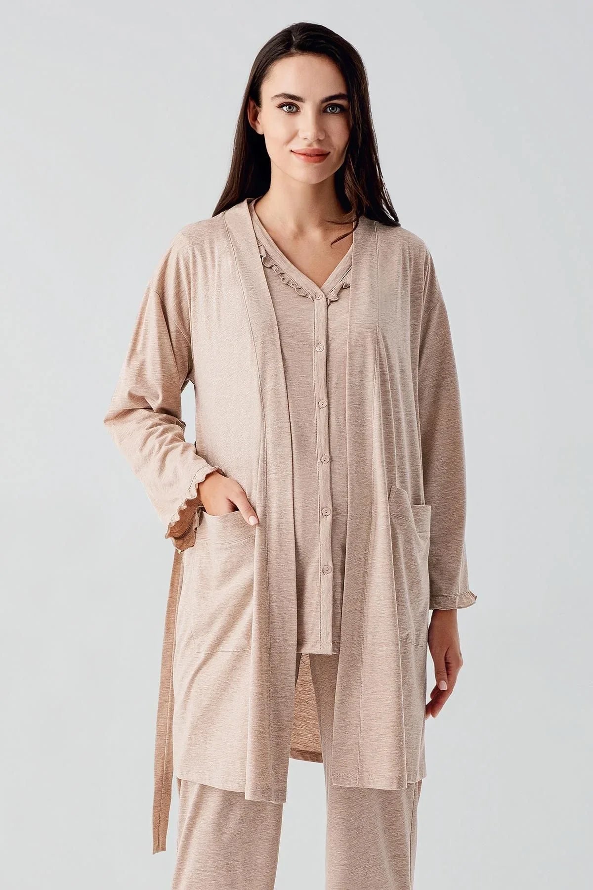 Kısa Kollu Düğmeli Pamuklu Hamile Sabahlık Pijama Takım 17300