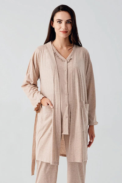 Kısa Kollu Düğmeli Pamuklu Hamile Sabahlık Pijama Takım 17300