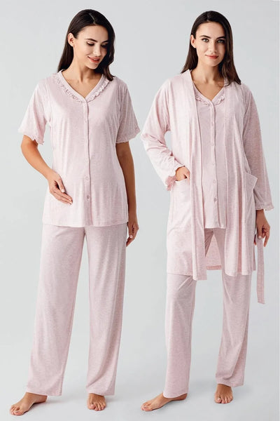 Kısa Kollu Düğmeli Pamuklu Hamile Sabahlık Pijama Takım 17300