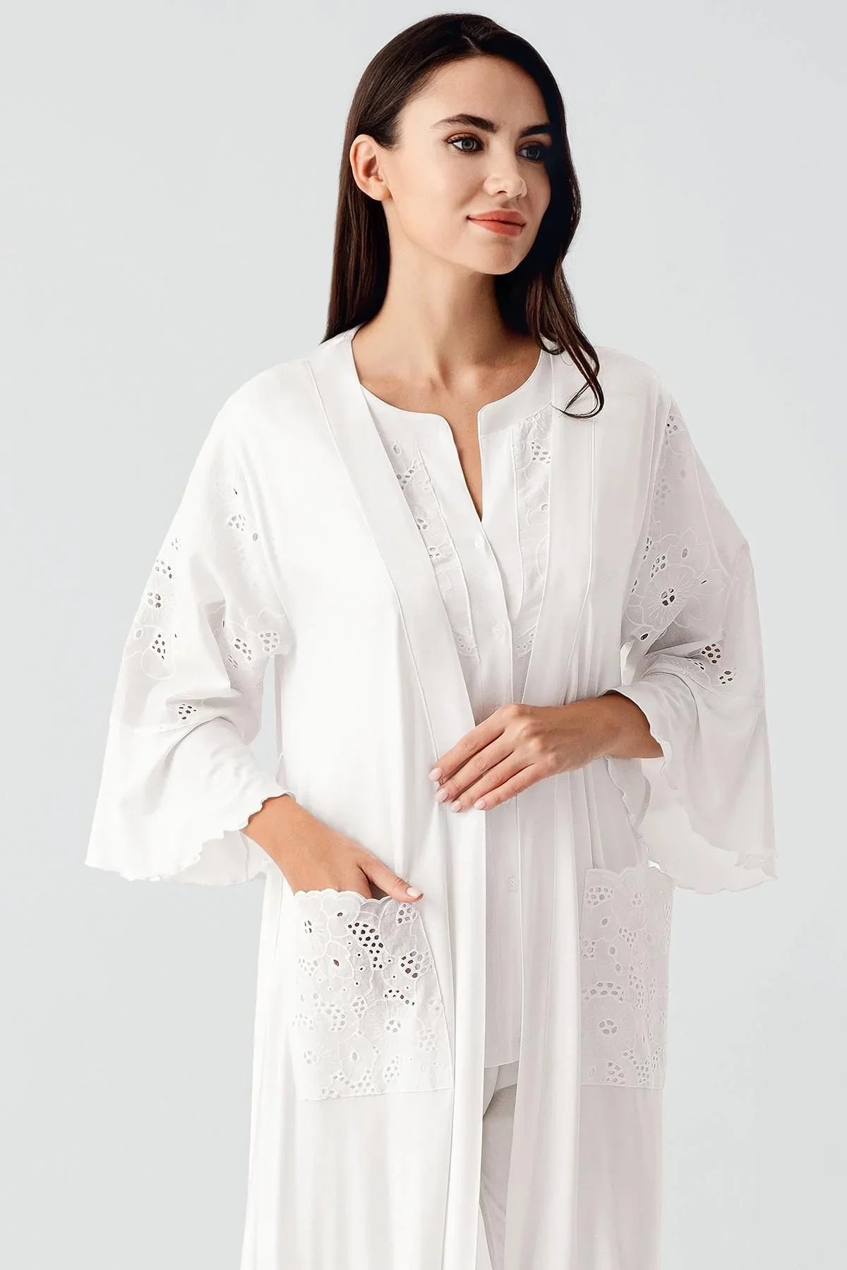 Kısa Kollu Düğmeli Vual Detaylı Esnek Viskoz Hamile Sabahlık Pijama Takım 17303