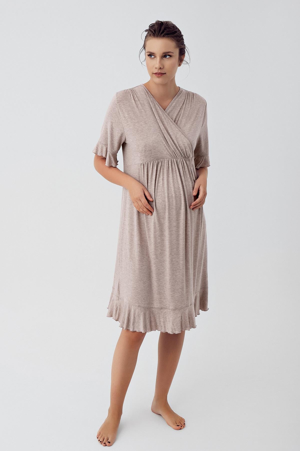 Short Sleeve Flexible Lycra Viscose Maternity Dressing Gown Nightgown Set 16409