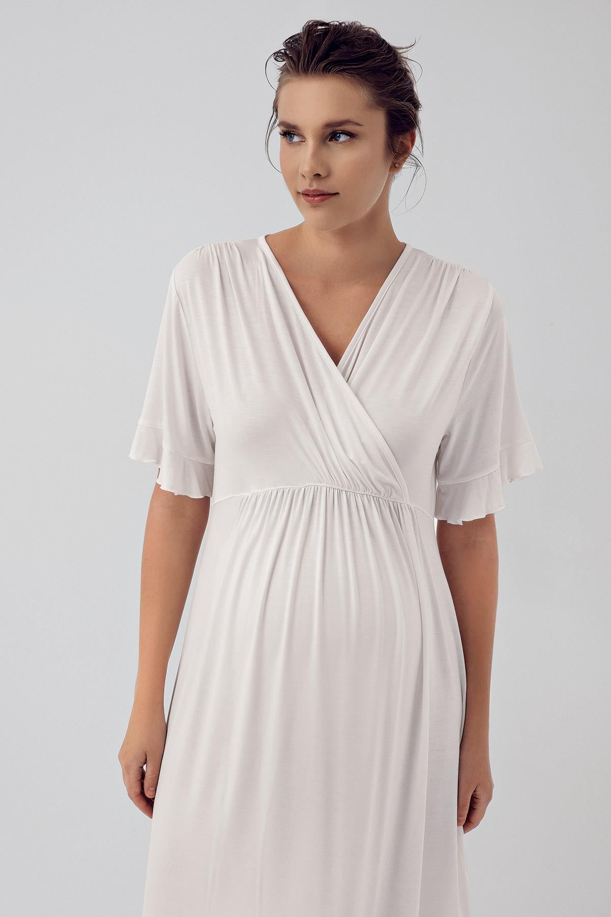 Short Sleeve Flexible Lycra Viscose Maternity Dressing Gown Nightgown Set 16409