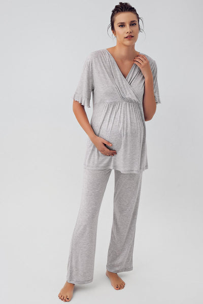 Short Sleeve Flexible Lycra Viscose Maternity Dressing Gown Pajama Set 16309