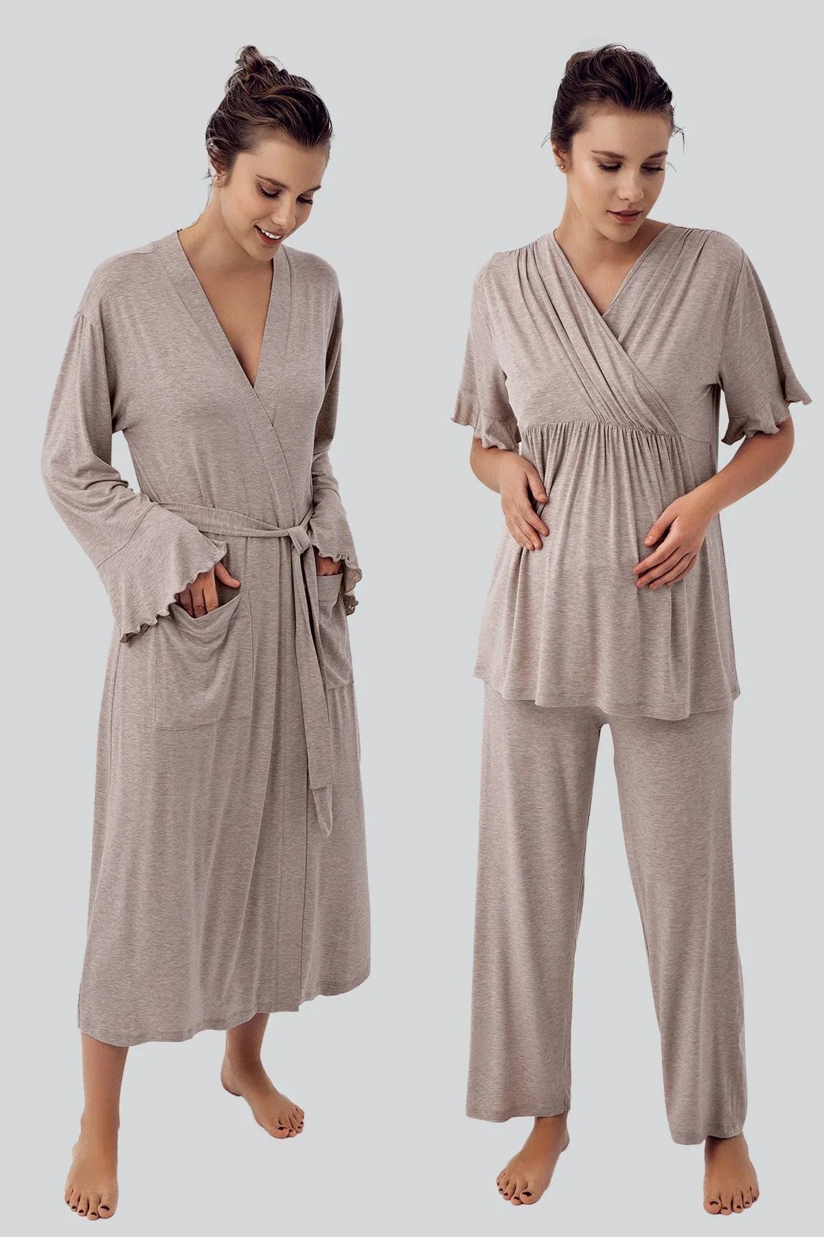 Kısa Kollu Esnek Likralı Viskoz Hamile Sabahlık Pijama Takımı 16309