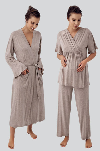 Kısa Kollu Esnek Likralı Viskoz Hamile Sabahlık Pijama Takımı 16309