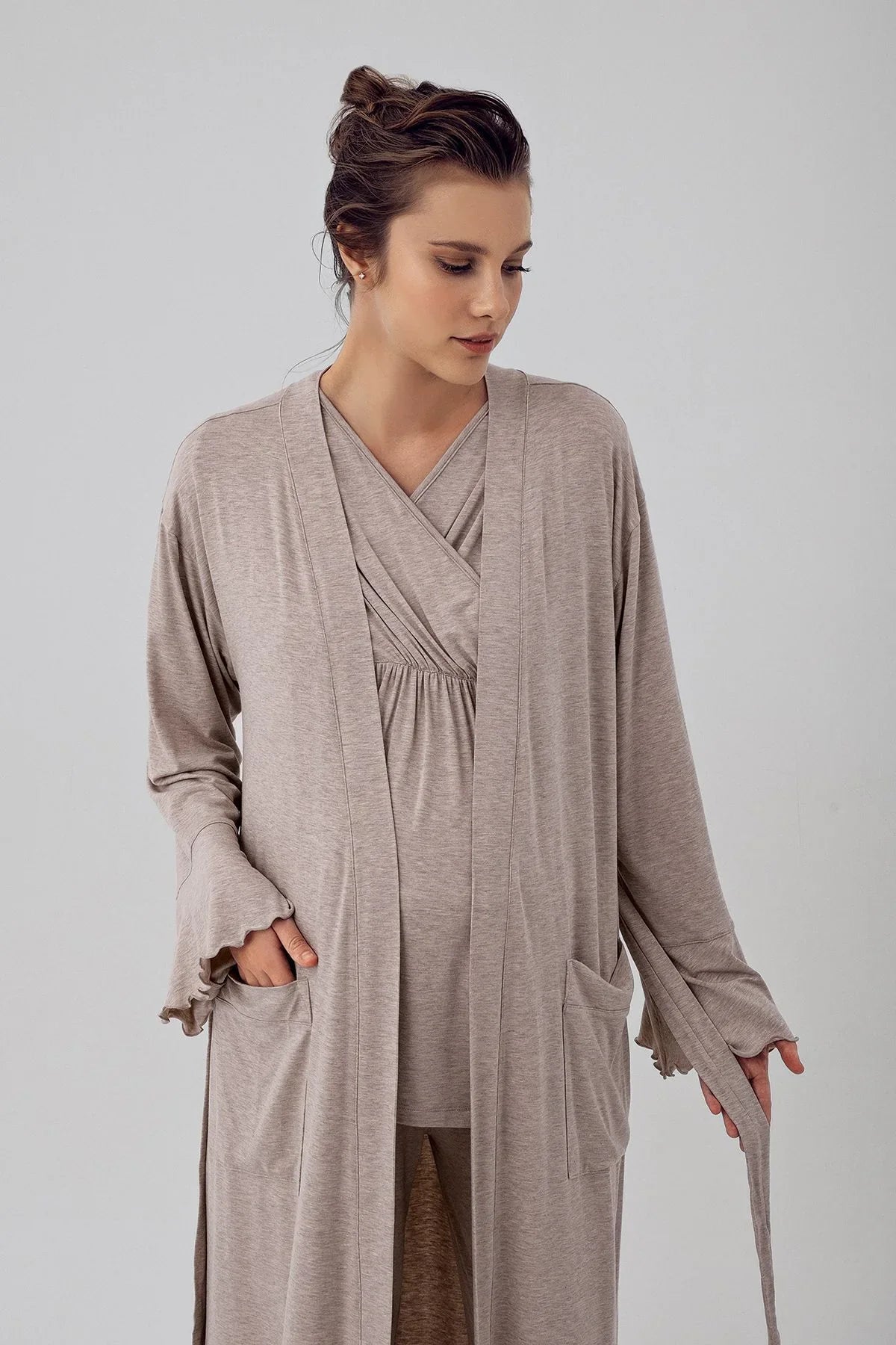 Kısa Kollu Esnek Likralı Viskoz Hamile Sabahlık Pijama Takımı 16309 - Artış Collection