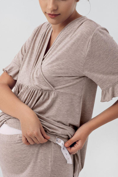 Kısa Kollu Esnek Likralı Viskoz Hamile Sabahlık Pijama Takımı 16309