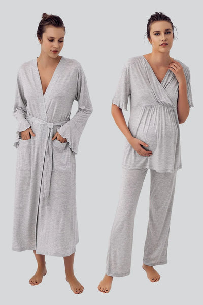 Kısa Kollu Esnek Likralı Viskoz Hamile Sabahlık Pijama Takımı 16309