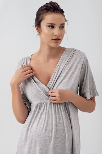 Kısa Kollu Esnek Likralı Viskoz Hamile Sabahlık Pijama Takımı 16309
