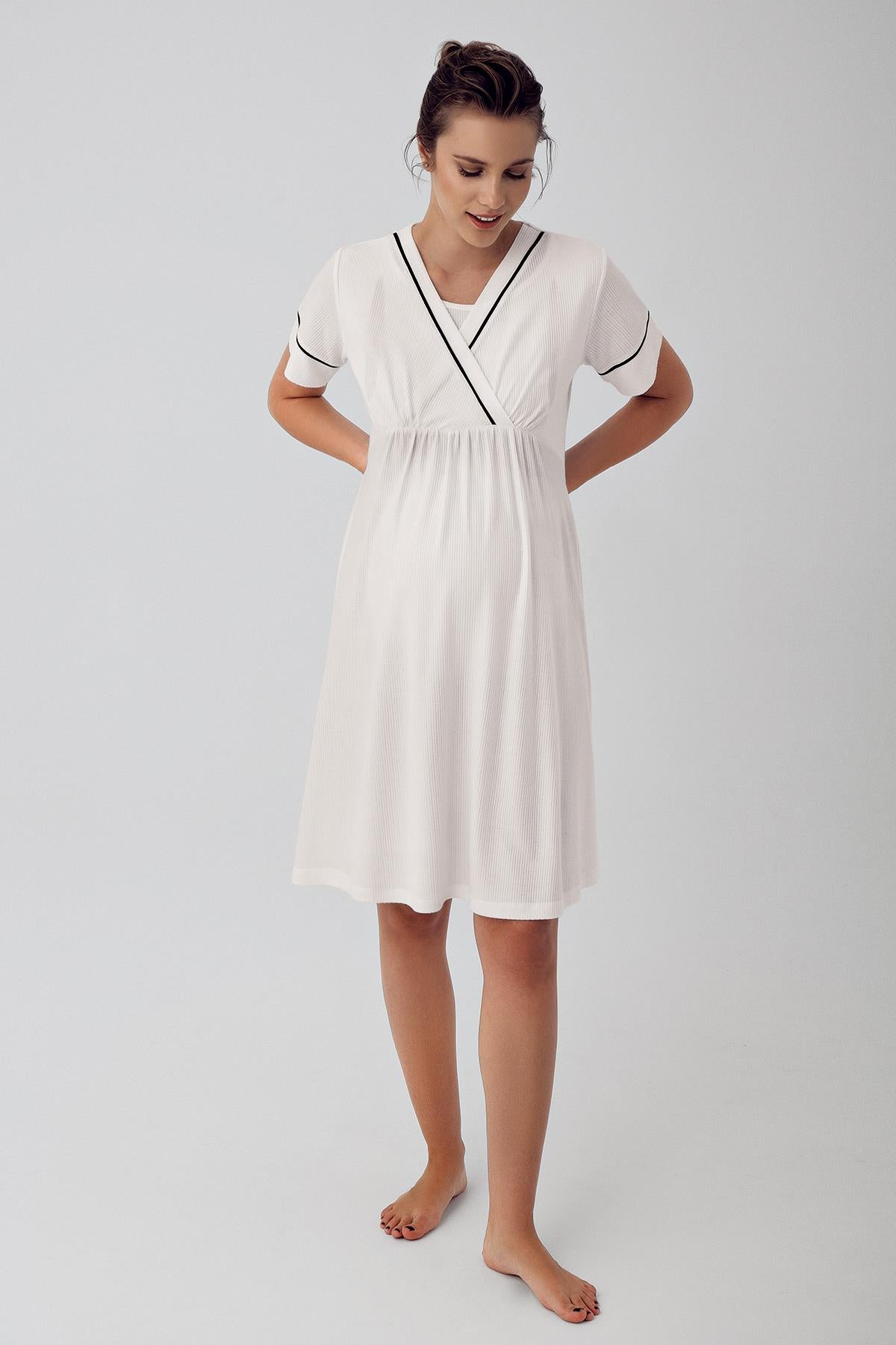 Short Sleeve Flexible Viscose Maternity Dressing Gown Nightgown Set 16402