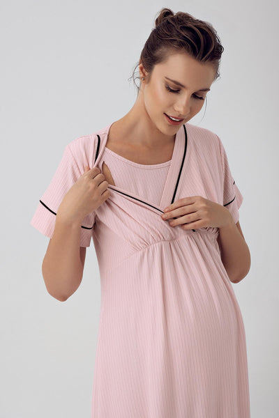 Short Sleeve Flexible Viscose Maternity Dressing Gown Nightgown Set 16402