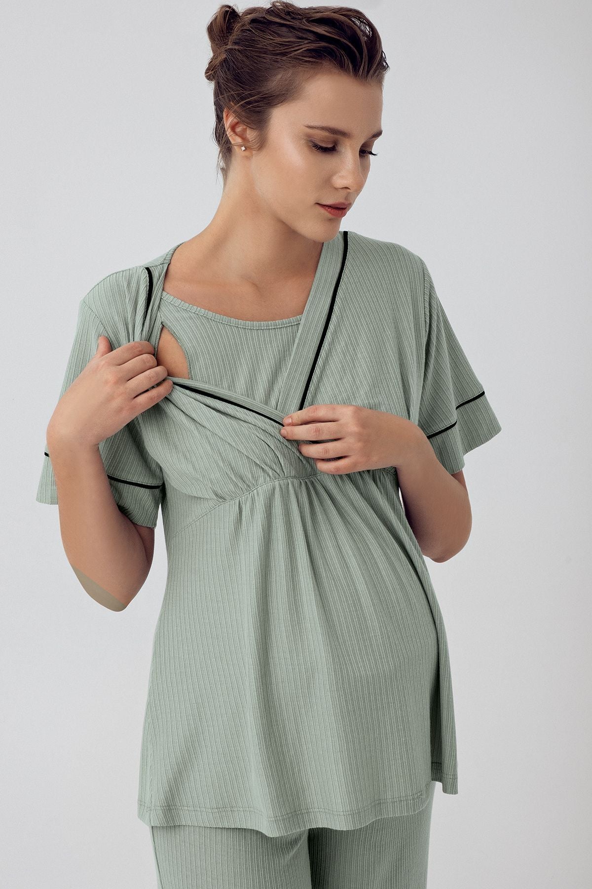 Kısa Kollu Esnek Viskoz Hamile Pijama Takımı 16202