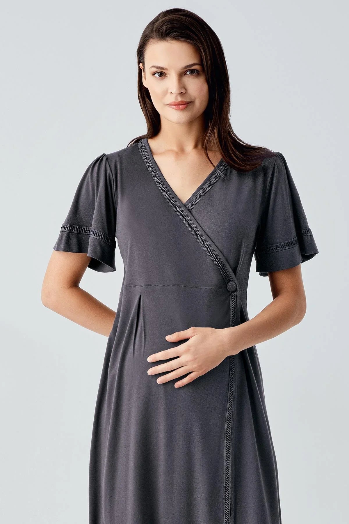 Short Sleeve Flexible Viscose Maternity Dressing Gown Nightgown Set 16400