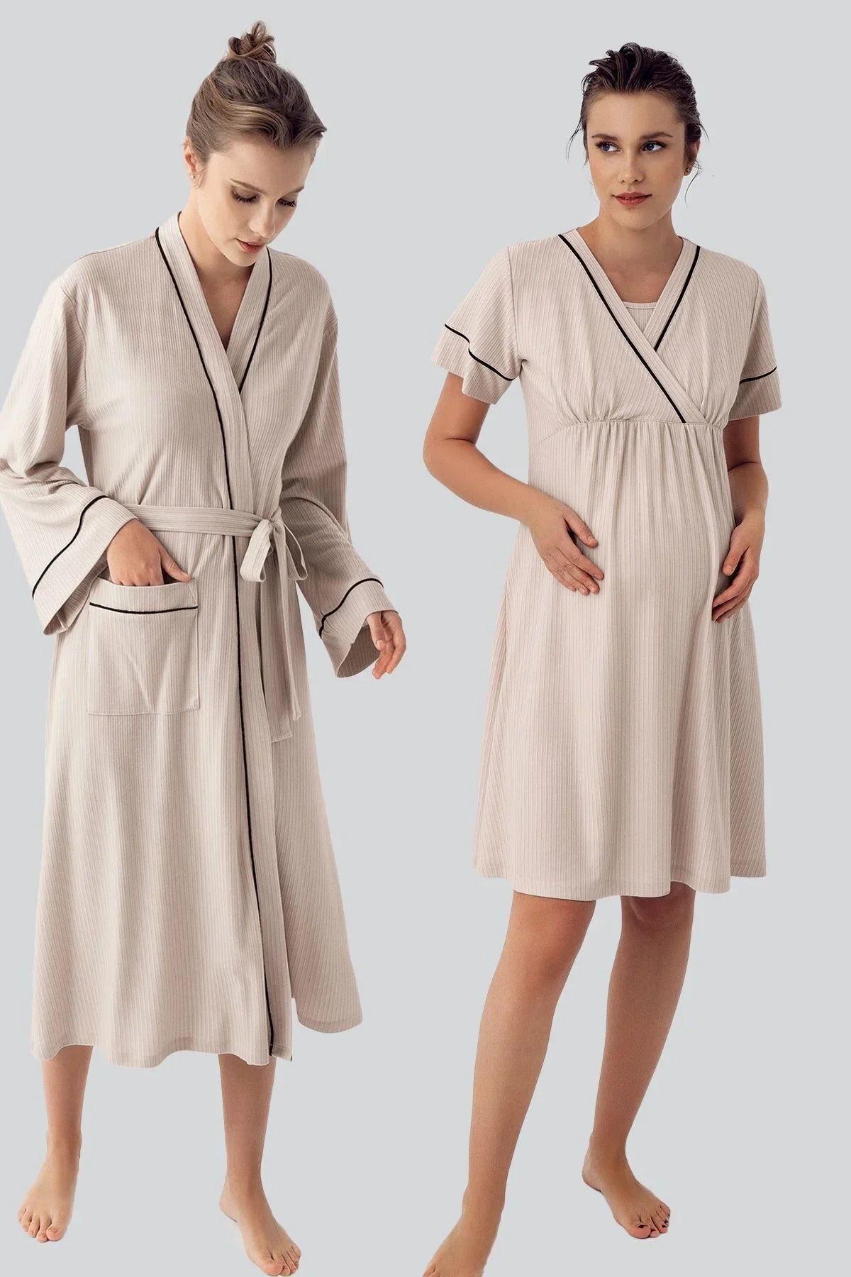 Kısa Kollu Esnek Viskoz Hamile Sabahlık Gecelik Takım 16402