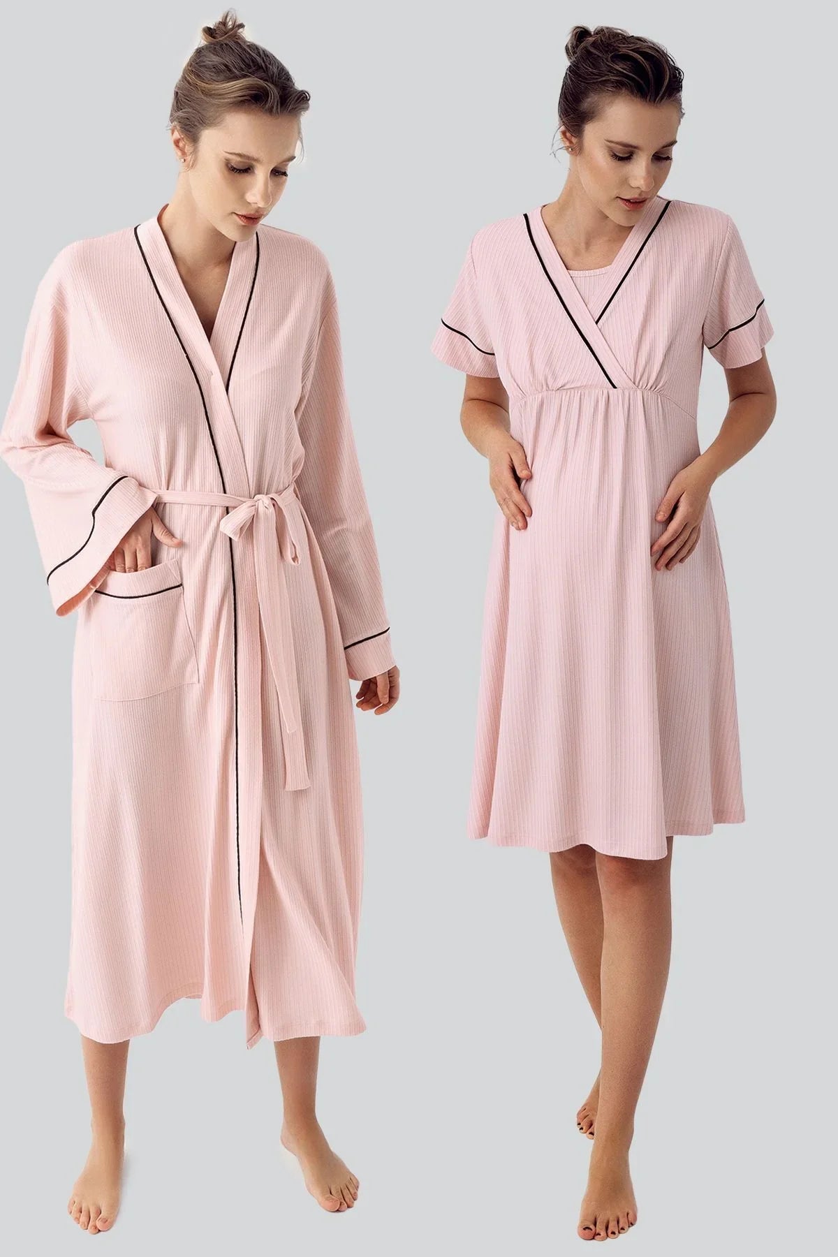 Kısa Kollu Esnek Viskoz Hamile Sabahlık Gecelik Takım 16402