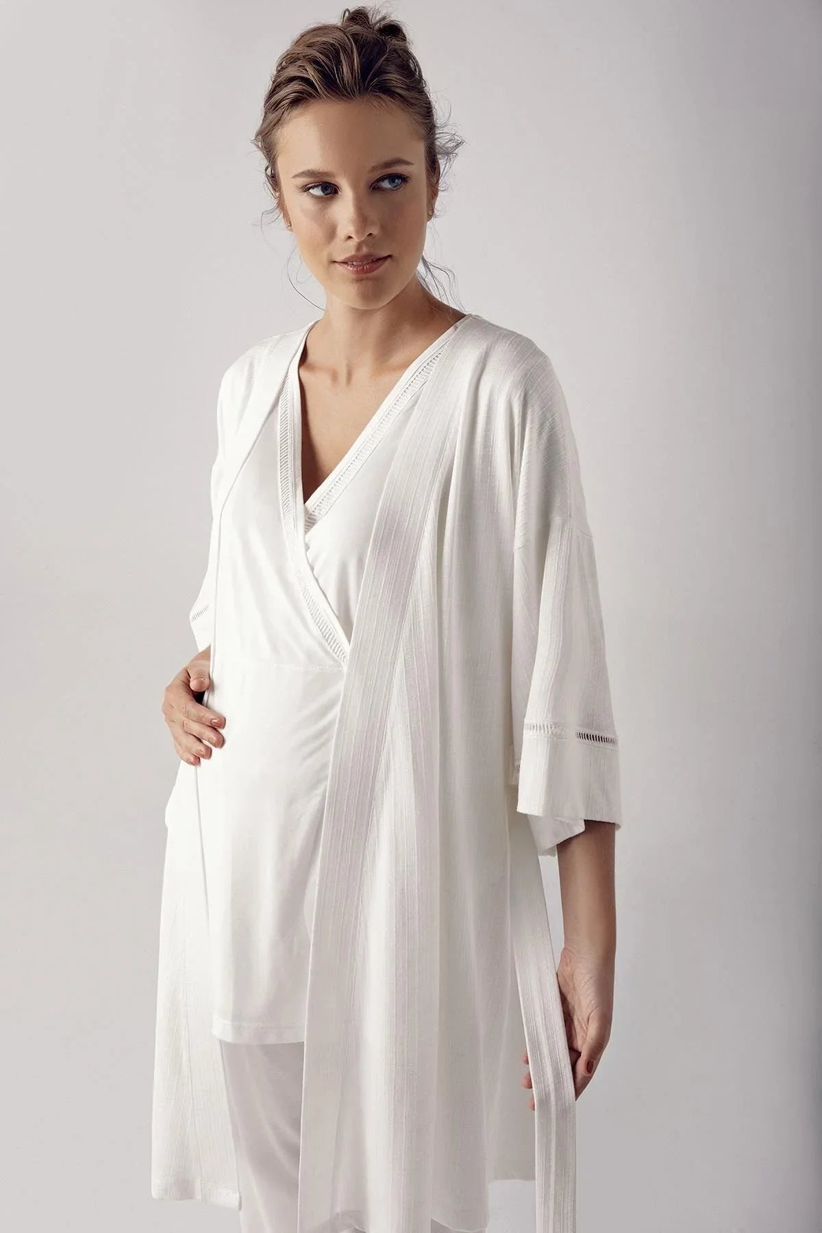 Short Sleeve Flexible Viscose Maternity Dressing Gown Pajama Set 10302