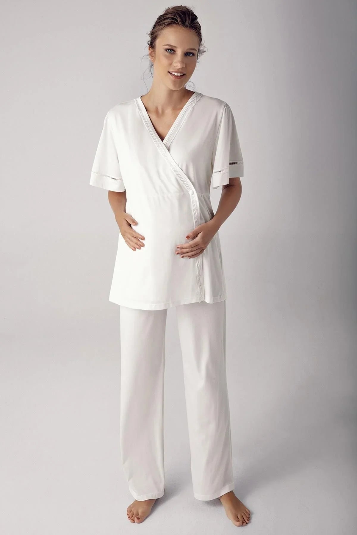 Short Sleeve Flexible Viscose Maternity Dressing Gown Pajama Set 10302