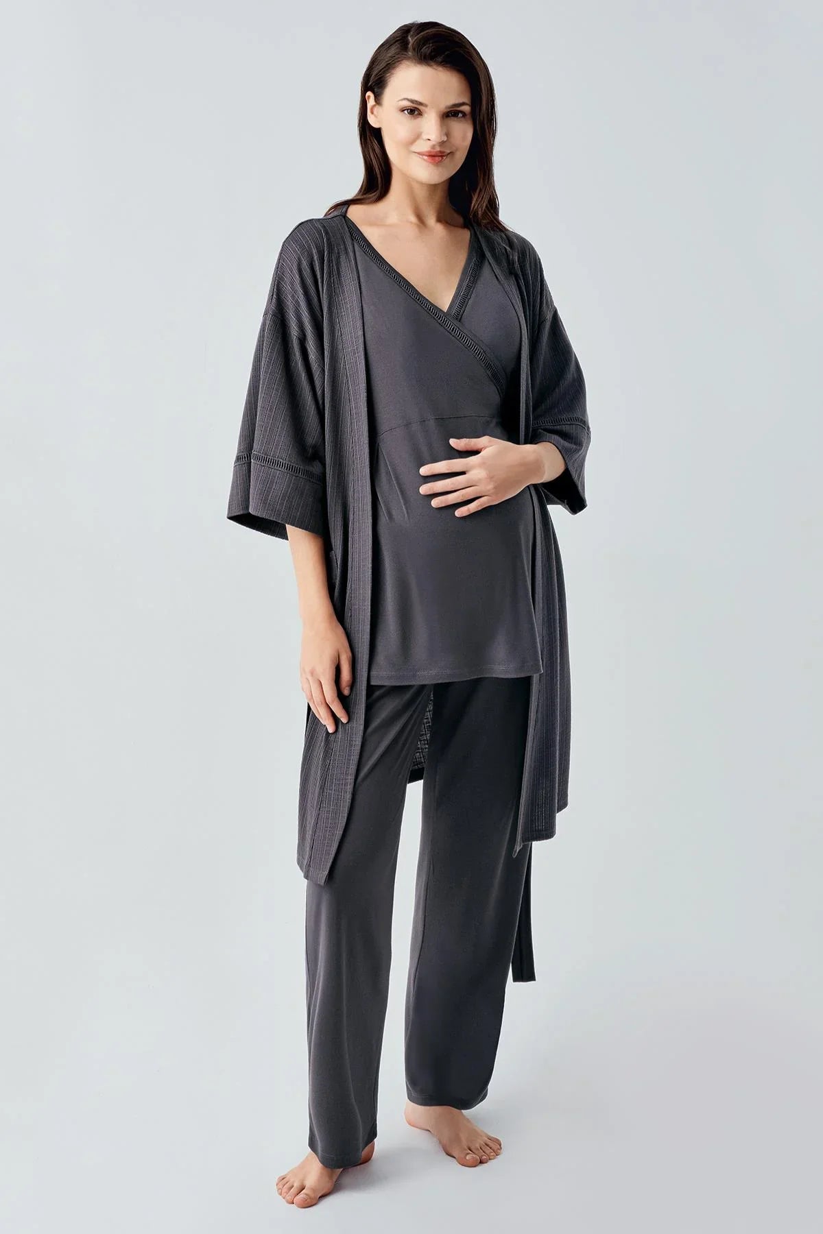 Kısa Kollu Esnek Viskoz Hamile Sabahlık Pijama Takım 10302