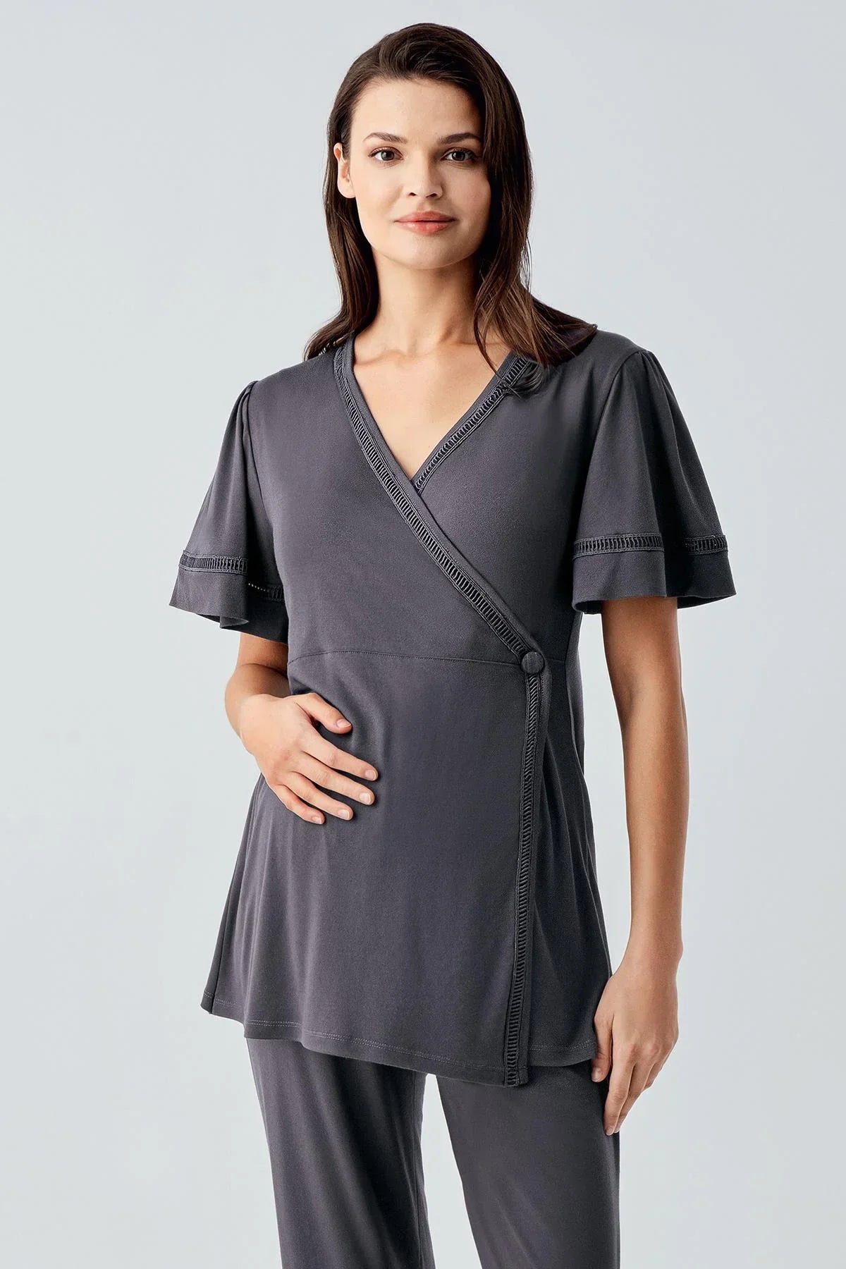 Short Sleeve Flexible Viscose Maternity Dressing Gown Pajama Set 10302