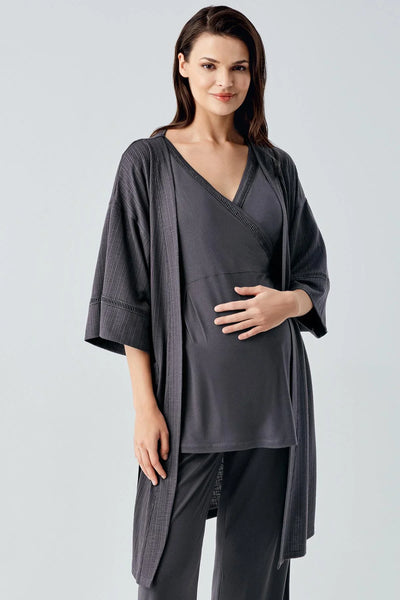 Kısa Kollu Esnek Viskoz Hamile Sabahlık Pijama Takım 10302