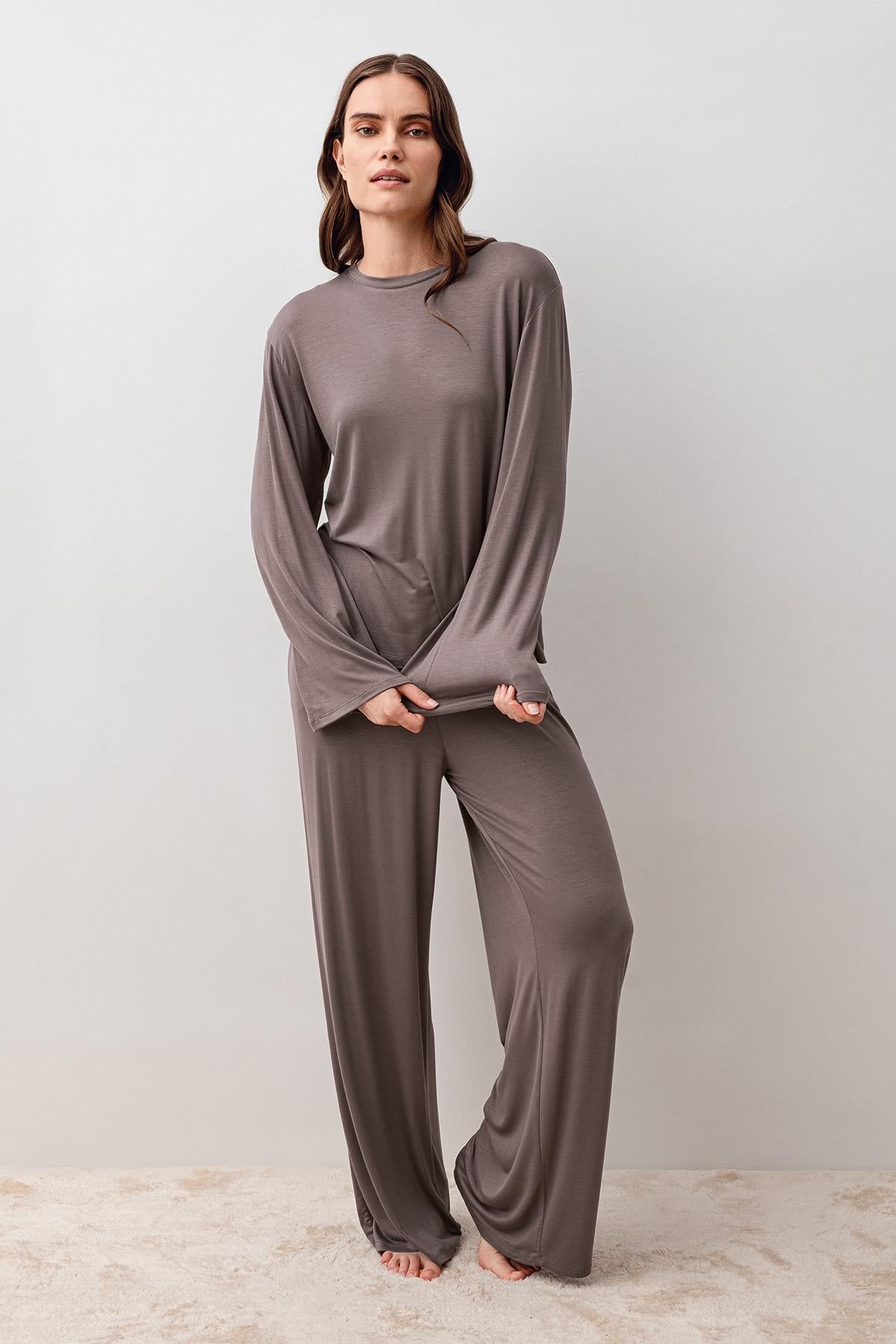 Uzun Kollu Oversize Basic Likralı Viskoz Alt Üst Takım 20210