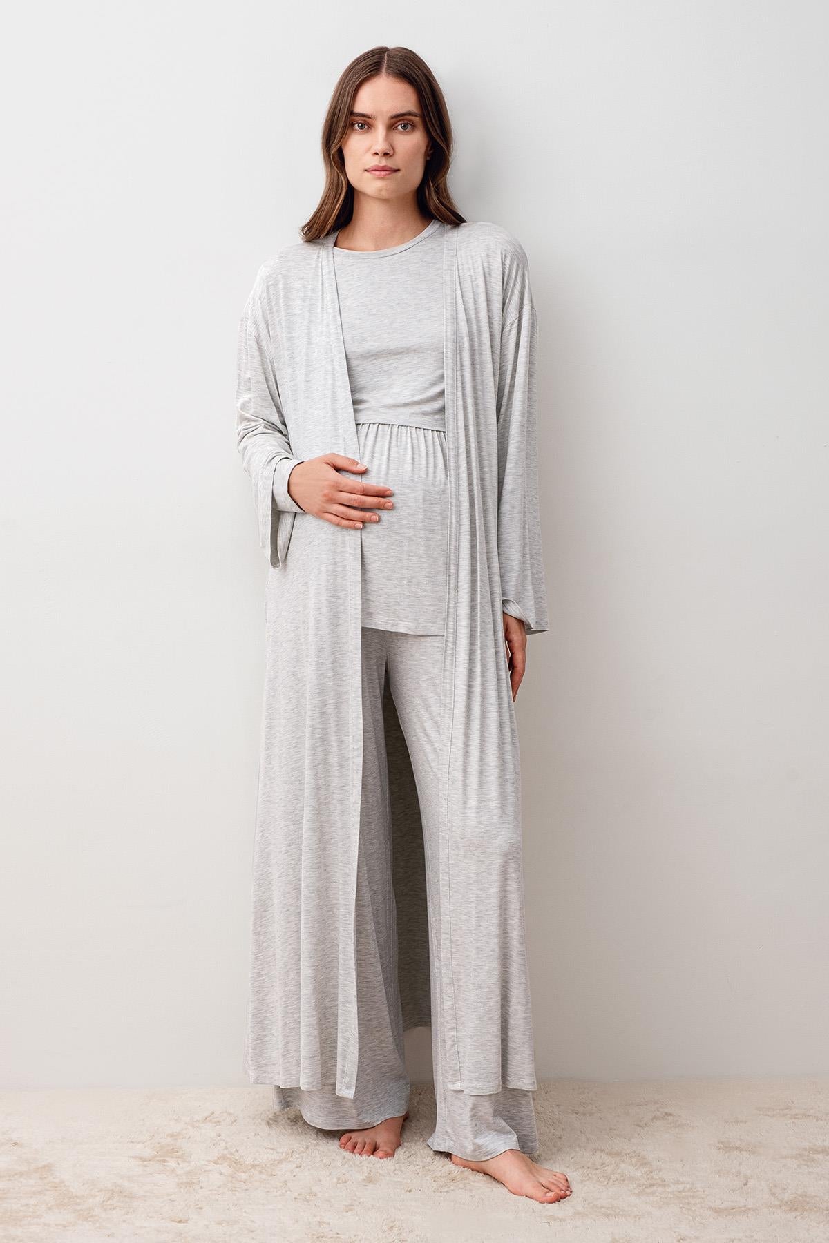 Uzun Kollu Esnek Viskoz Hamile Sabahlık Pijama Takım 20312