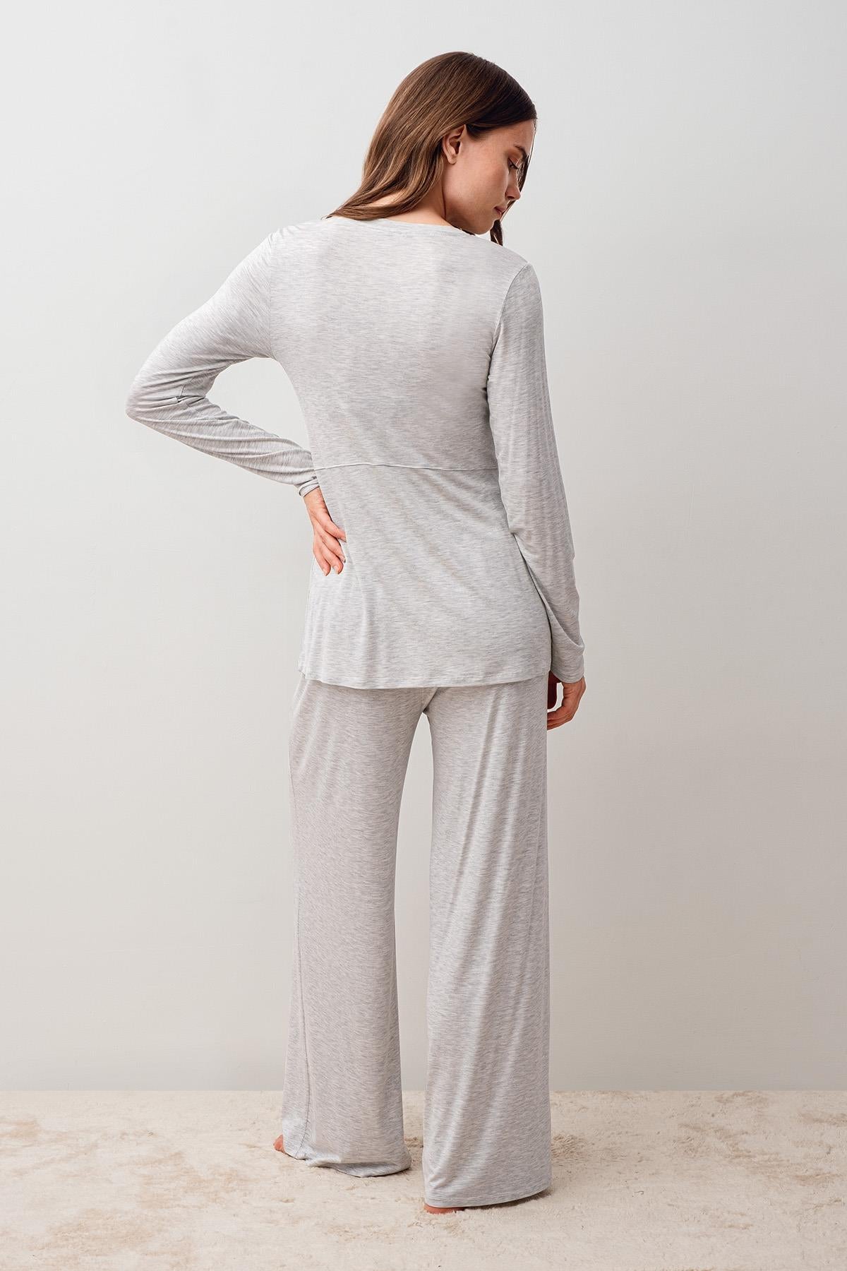 Uzun Kollu Esnek Viskoz Hamile Sabahlık Pijama Takım 20312
