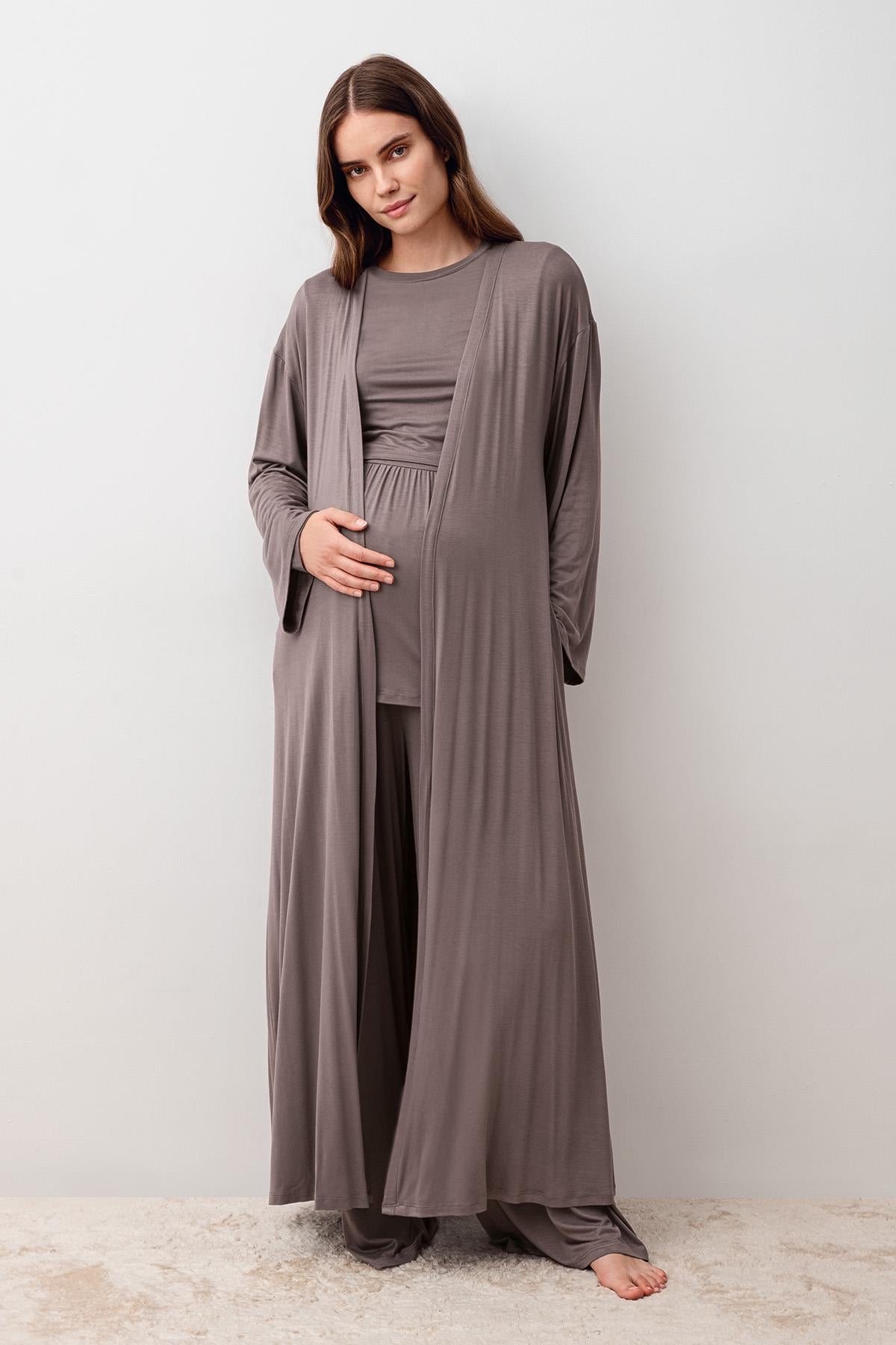 Uzun Kollu Esnek Viskoz Hamile Sabahlık Pijama Takım 20312