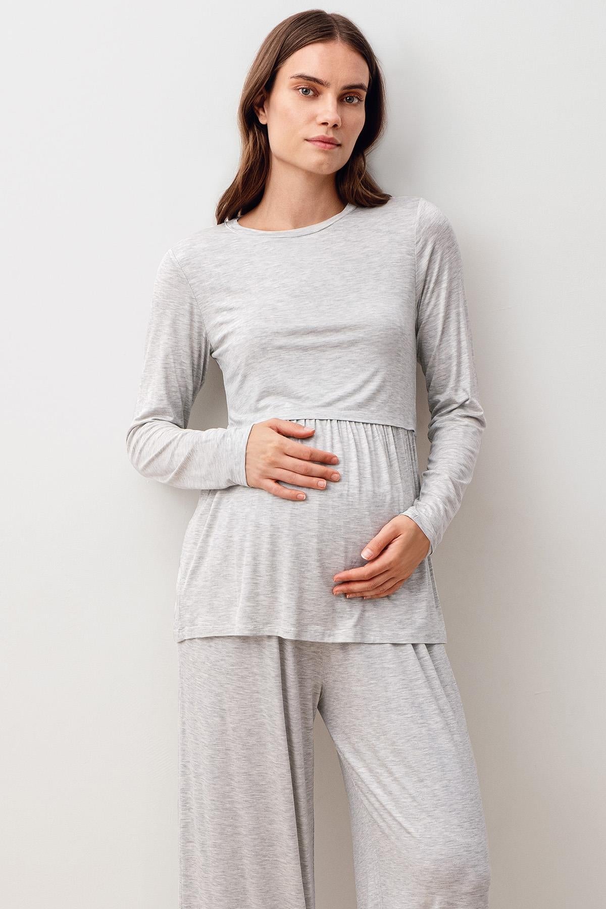 Uzun Kollu Esnek Likralı Viskoz Hamile Pijama Takım 20212