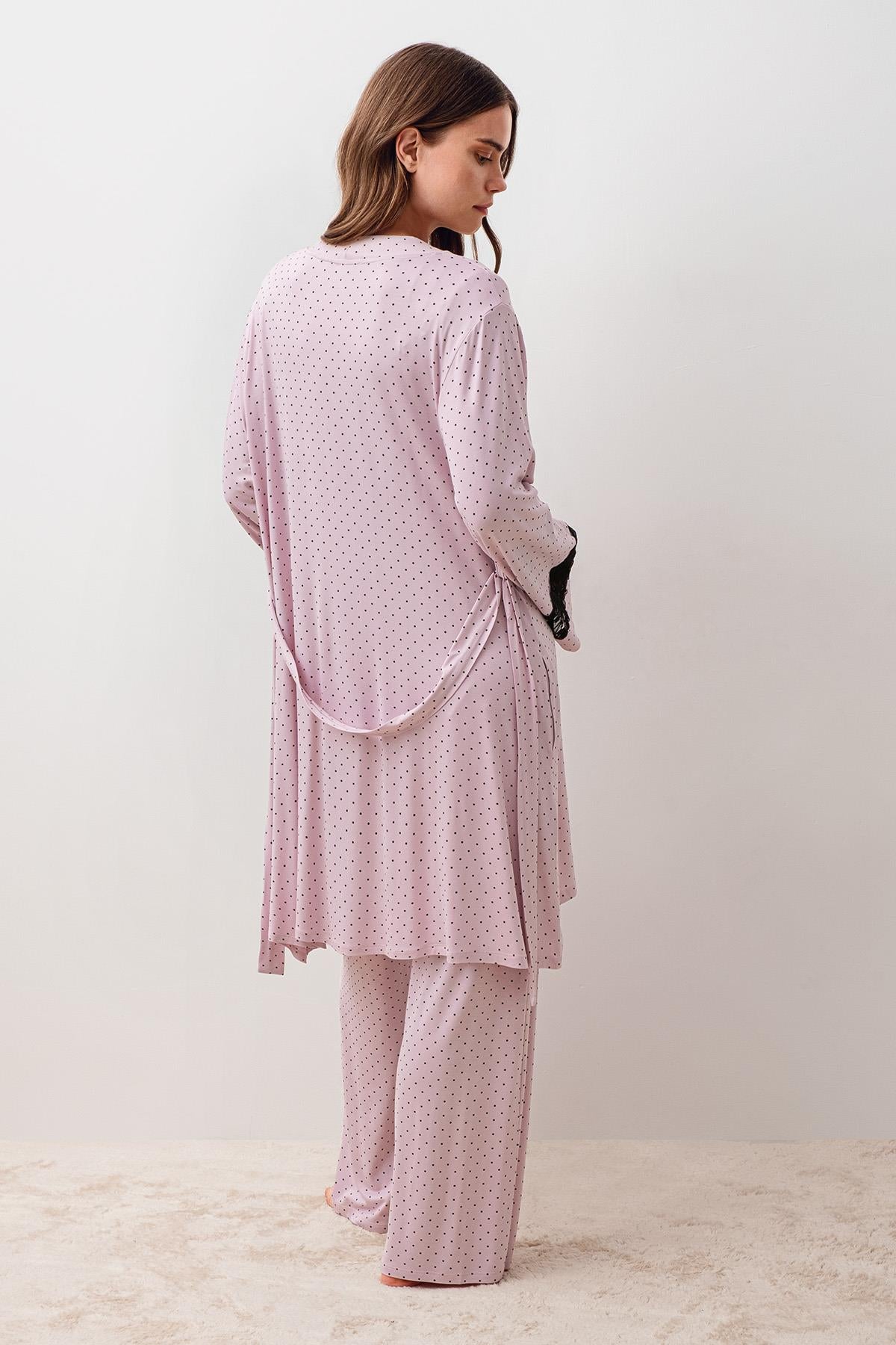 Uzun Kollu Puantiyeli Likralı Viskoz Hamile Sabahlık Pijama Takım 20307