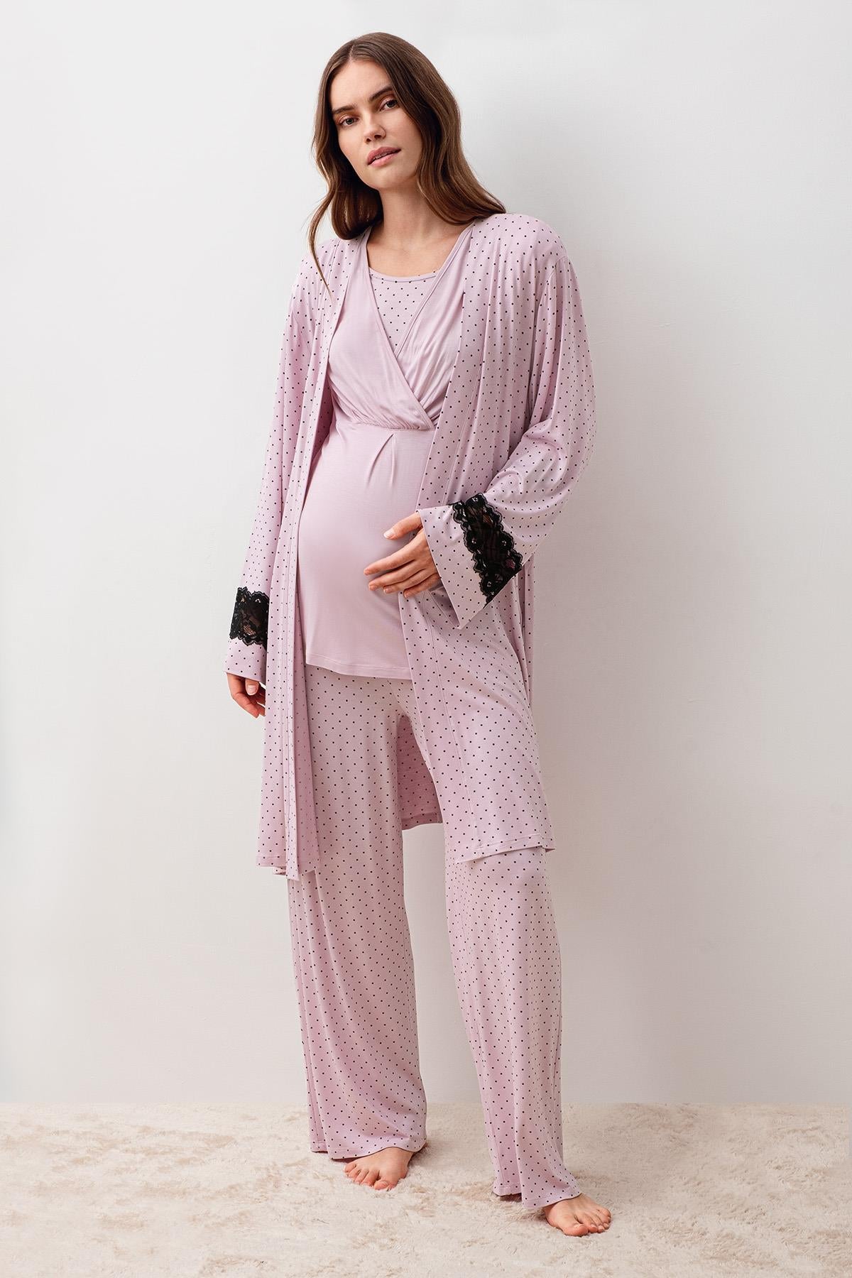 Uzun Kollu Puantiyeli Likralı Viskoz Hamile Sabahlık Pijama Takım 20307