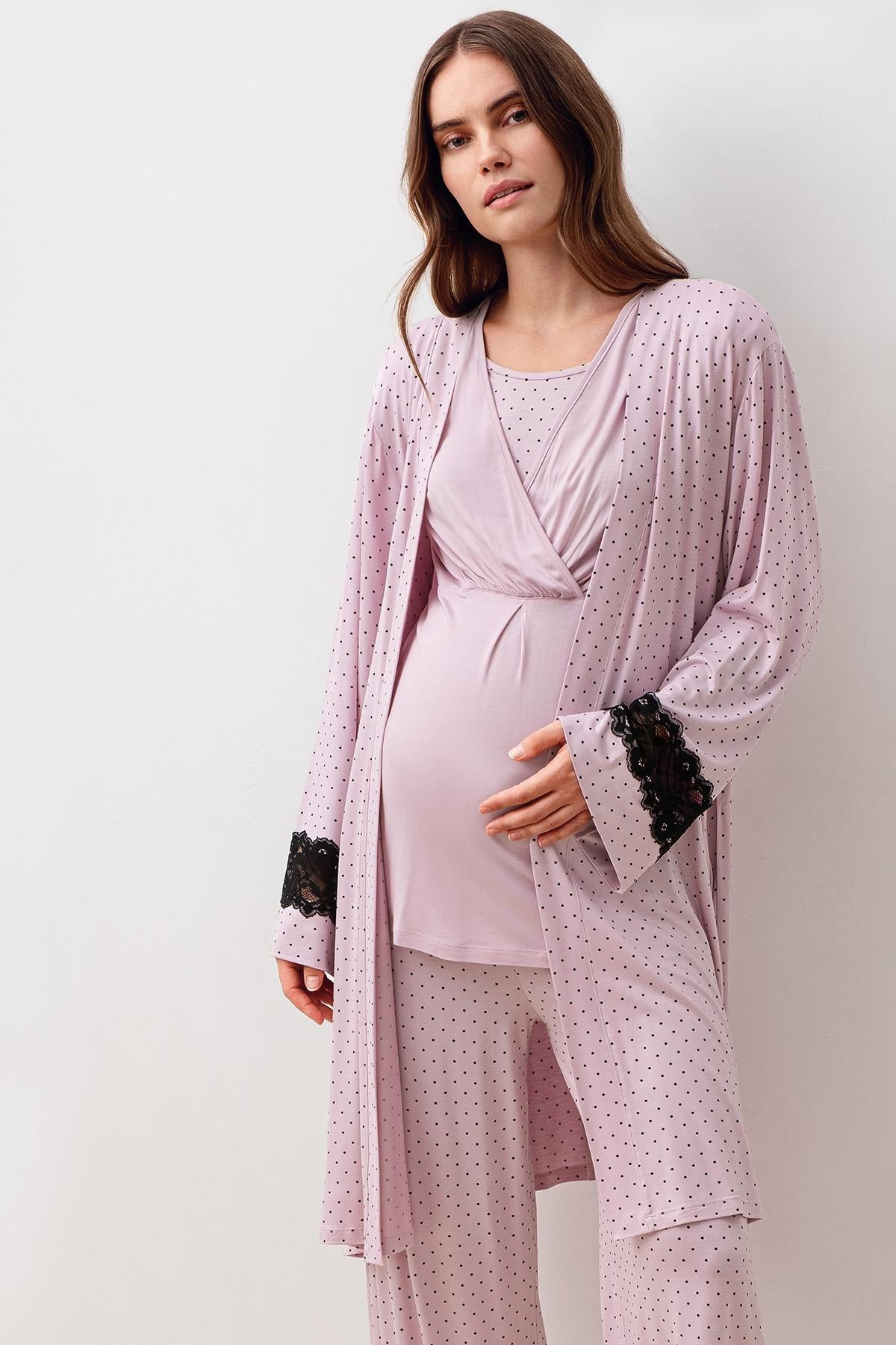 Uzun Kollu Puantiyeli Likralı Viskoz Hamile Sabahlık Pijama Takım 20307