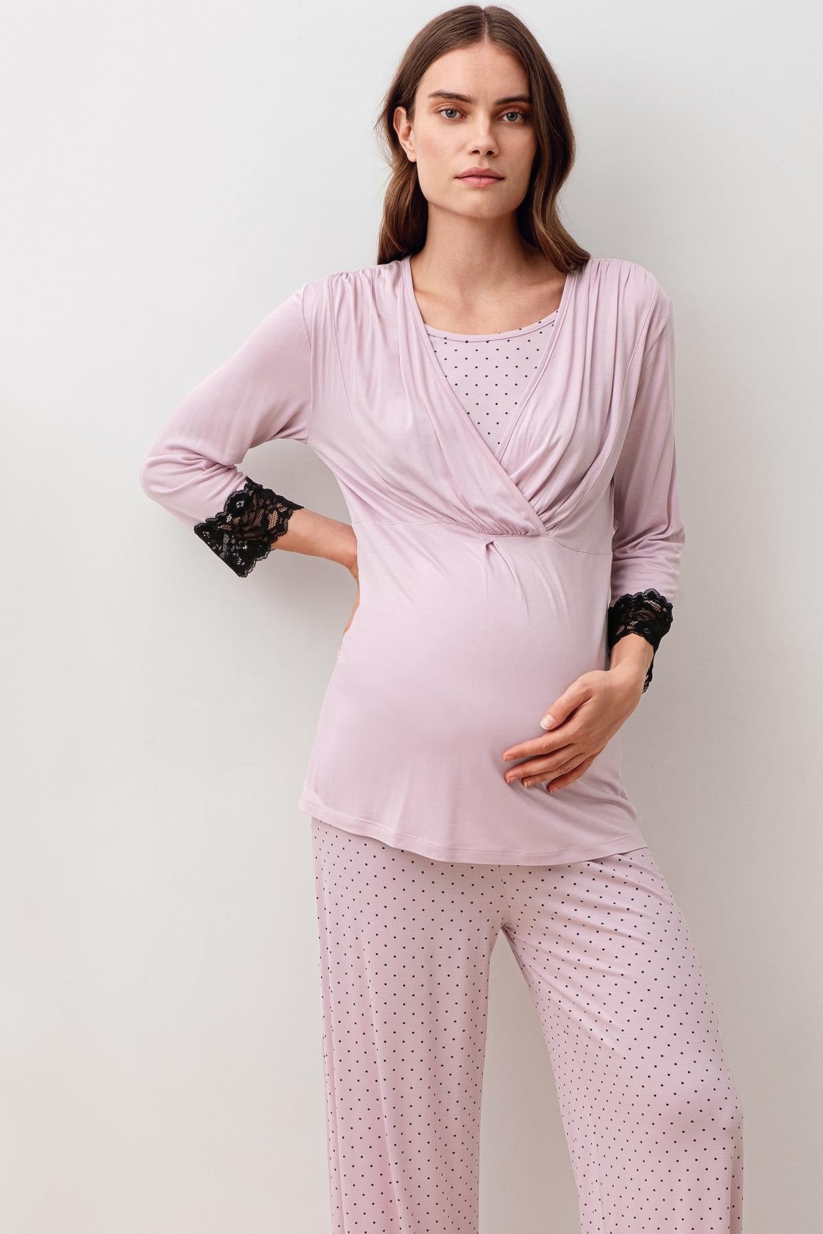 Uzun Kollu Puantiyeli Likralı Viskoz Hamile Sabahlık Pijama Takım 20307