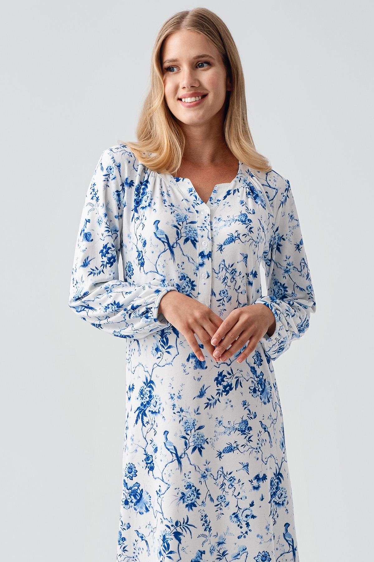 Termal Uzun Kollu Düğmeli Desenli Esnek Yumuşak Dokulu Gecelik 18110