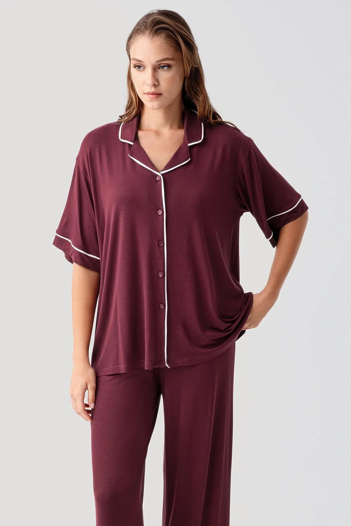 Kısa Kollu Düğmeli Oversize Esnek Viskoz Pijama Takım 19210 - Artış Collection