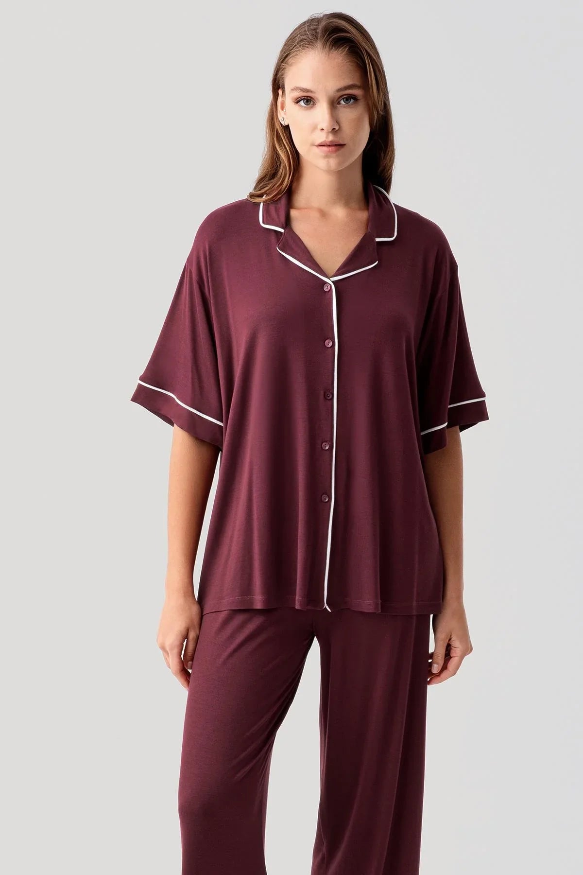 Kısa Kollu Düğmeli Oversize Esnek Viskoz Pijama Takım 19210 - Artış Collection