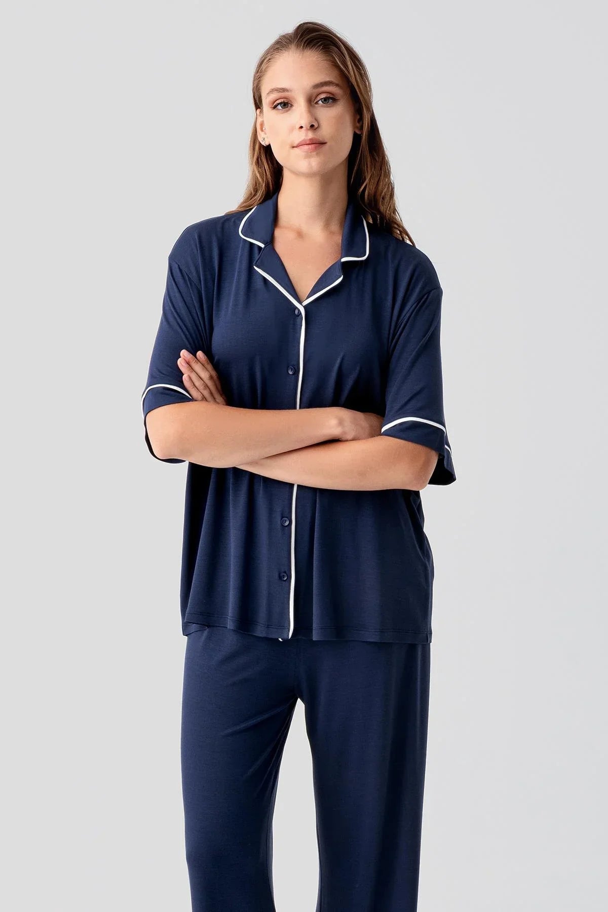 Kısa Kollu Düğmeli Oversize Esnek Viskoz Pijama Takım 19210 - Artış Collection