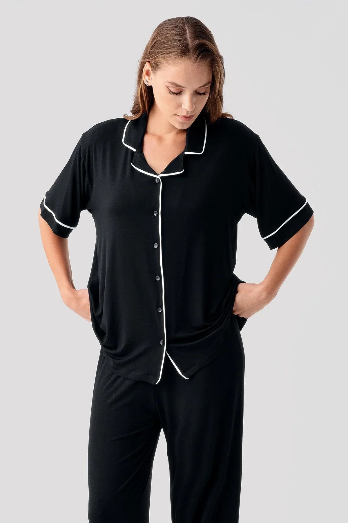 Kısa Kollu Düğmeli Oversize Esnek Viskoz Pijama Takım 19210 - Artış Collection