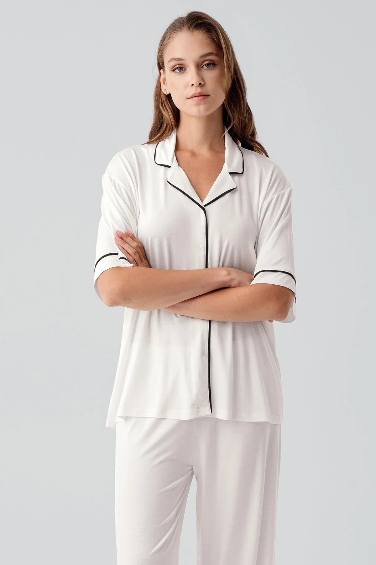 Kısa Kollu Düğmeli Oversize Esnek Viskoz Pijama Takım 19210 - Artış Collection