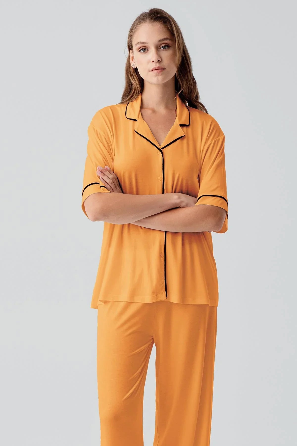 Kısa Kollu Düğmeli Oversize Esnek Viskoz Pijama Takım 19210 - Artış Collection