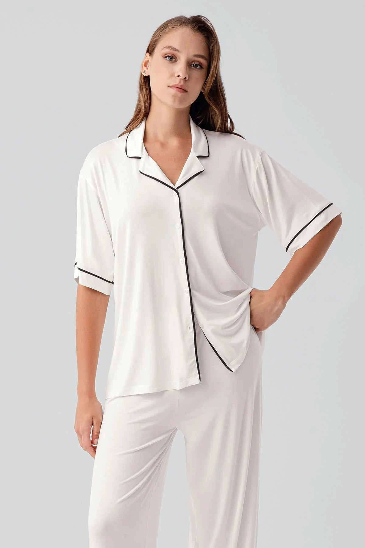 Kısa Kollu Düğmeli Oversize Esnek Viskoz Pijama Takım 19210 - Artış Collection