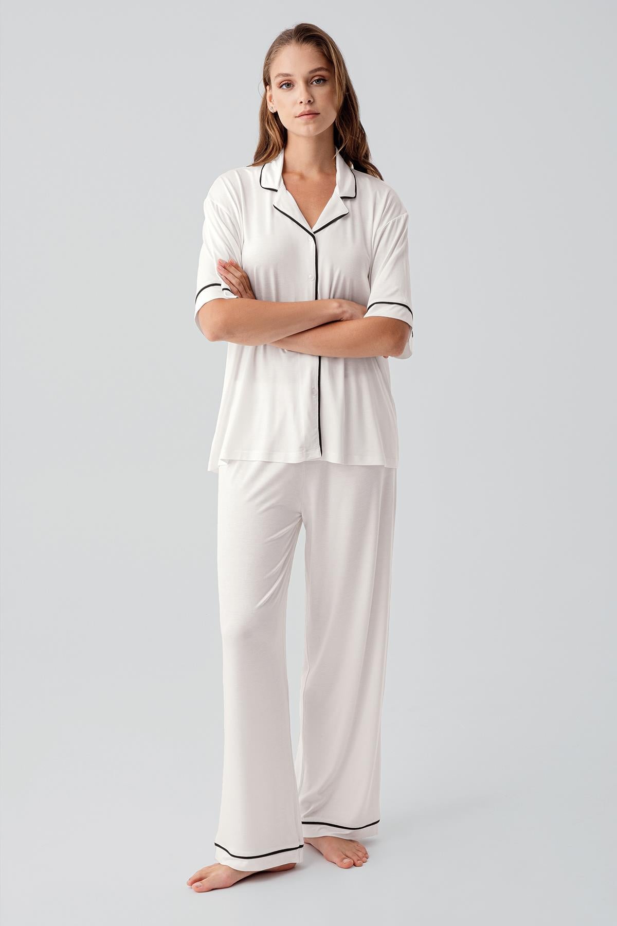 Kısa Kollu Düğmeli Oversize Esnek Viskoz Pijama Takım 19210 - Artış Collection