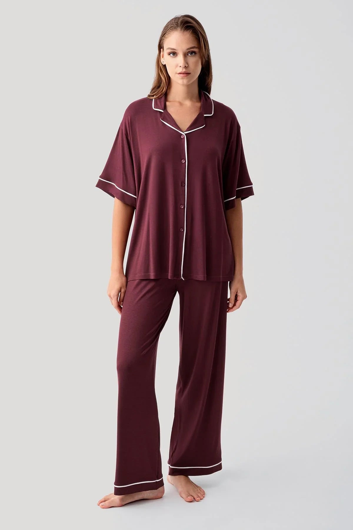 Kısa Kollu Düğmeli Oversize Esnek Viskoz Pijama Takım 19210 - Artış Collection