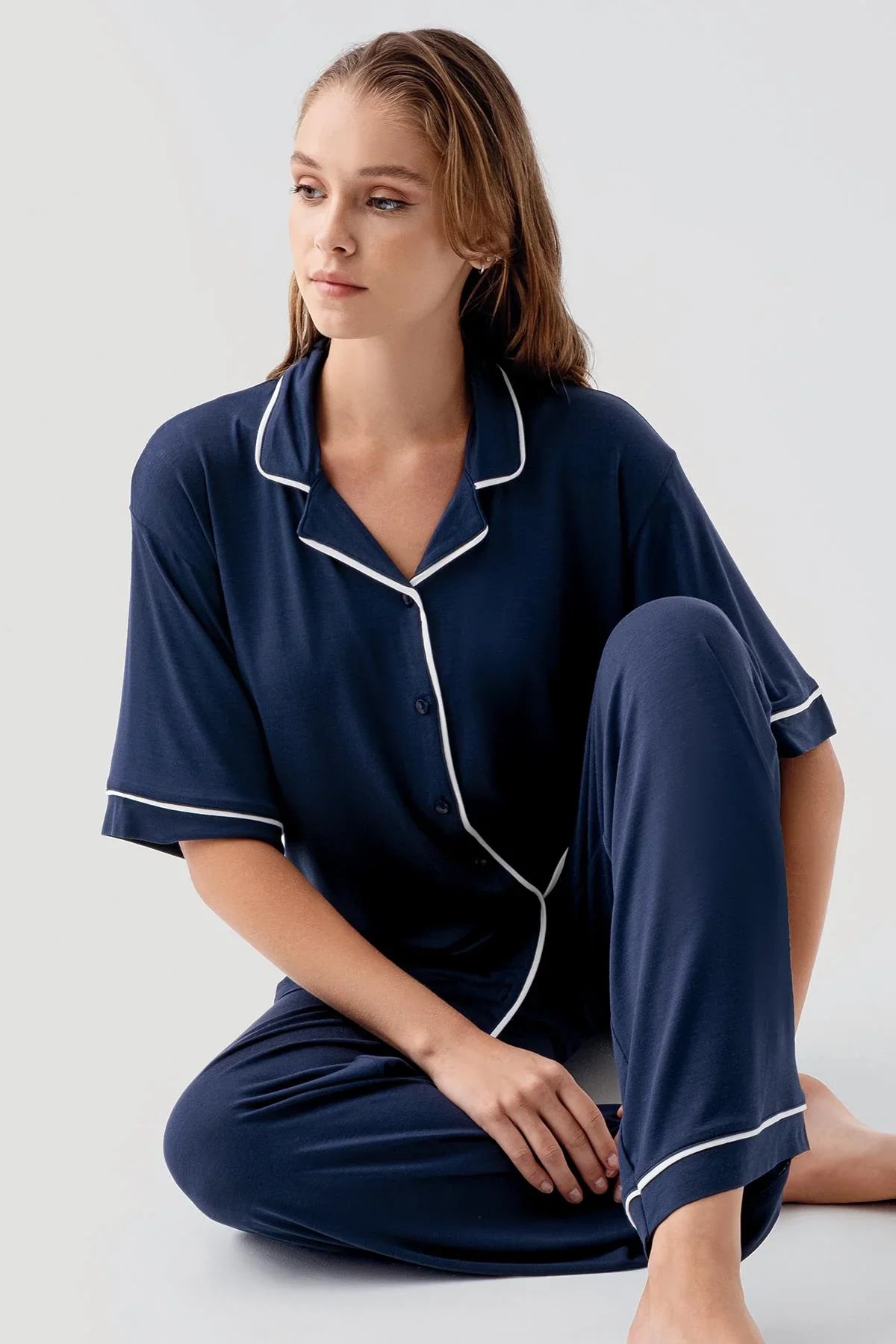 Kısa Kollu Düğmeli Oversize Esnek Viskoz Pijama Takım 19210 - Artış Collection