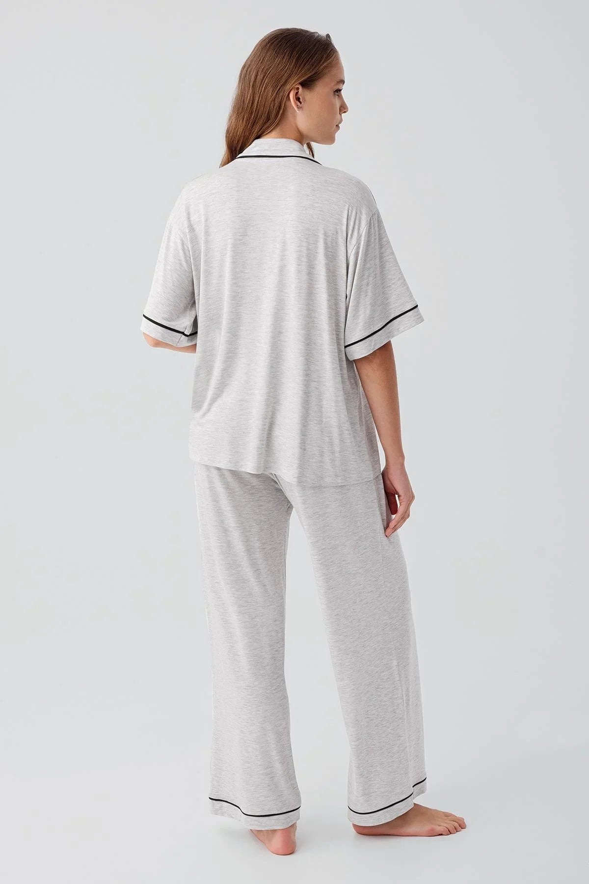 Kısa Kollu Düğmeli Oversize Esnek Viskoz Pijama Takım 19210 - Artış Collection