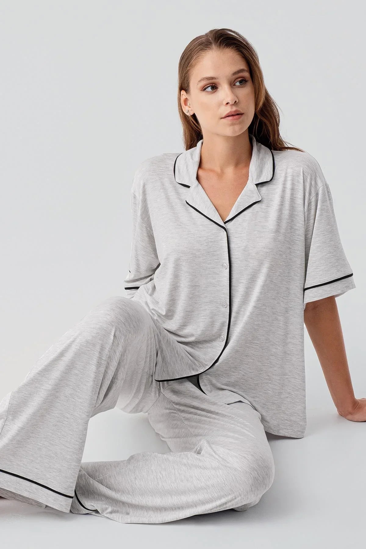 Kısa Kollu Düğmeli Oversize Esnek Viskoz Pijama Takım 19210 - Artış Collection