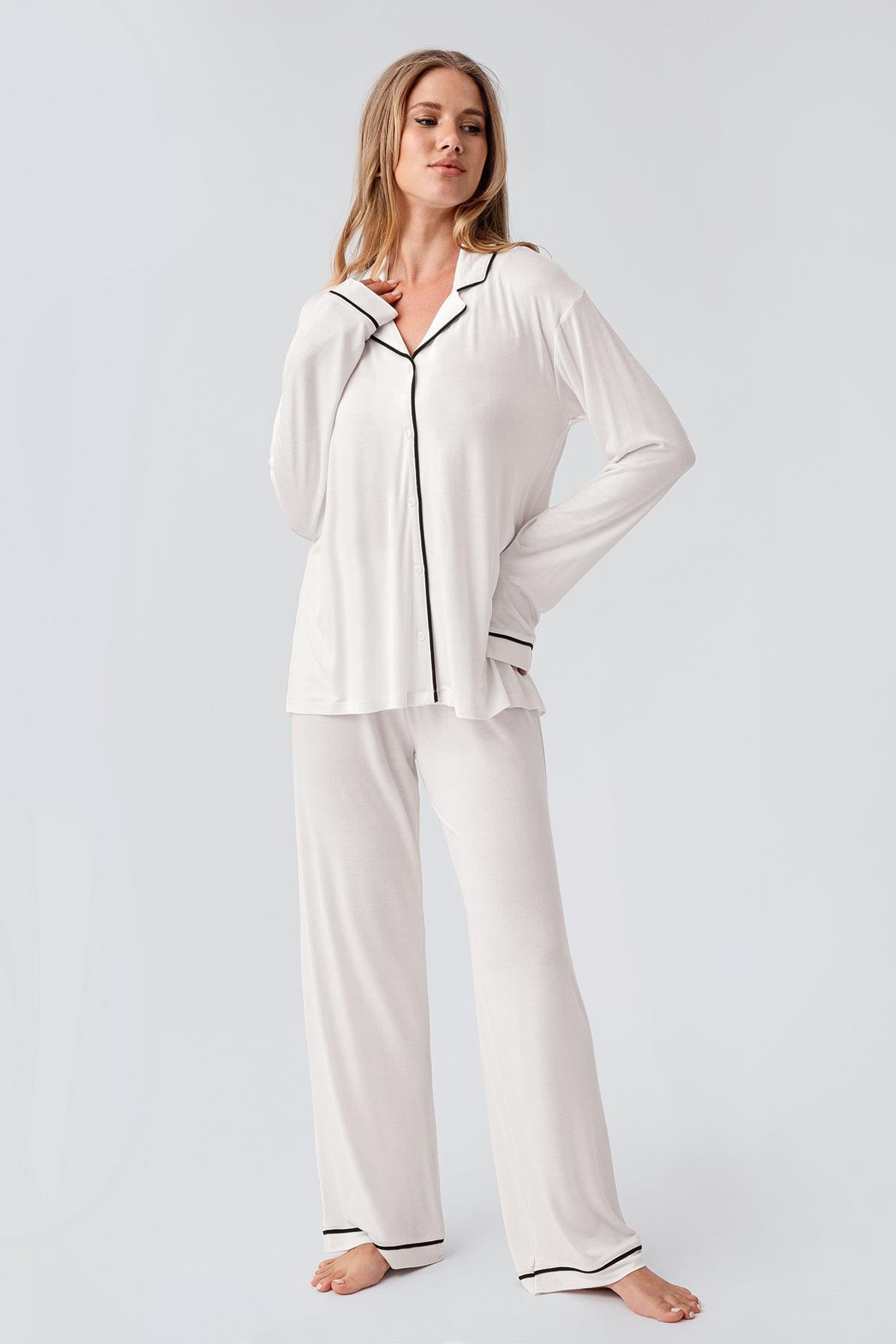 Uzun Kollu Düğmeli Esnek Viskoz Pijama Takım 18207